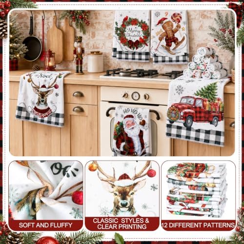 VitalCozy 12 Pcs Christmas Kitchen Towels, 14.2 x 21.3 in Dishcloth Decor