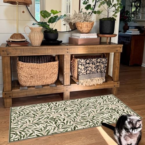 Front Door Mat Indoor Entrance - 2x4.3 Sage Green Leaf Runner Rug