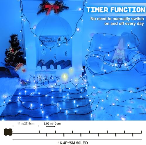 Blue Christmas Lights Outdoor Battery Operated String Lights Total 100LED 33Ft with Timer 8 Modes 16.4Ft*2 Waterproof Outdoor Indoor for Christmas Decor, Blue, 2-Pack