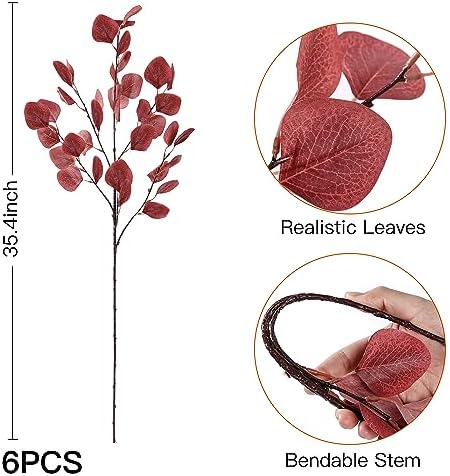 Sggvecsy Artificial Eucalyptus Leaves, 6 Pieces, 35.43 Inch Long, Red Color, Plastic and Silk Material, Easy to Bend and Adjust