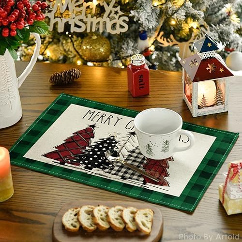 Artoid Mode Waterclor Green Buffalo Plaid Christmas Trees Placemats Set of 4, 12x18 Inch Winter Table Mats for Outdoor Home Party Kitchen Dining Decor