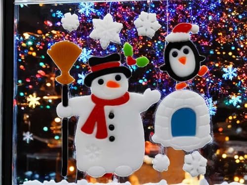 Gift&Fun 4sheets Christmas Gel Window Clings, Holiday Decorative Stickers with Santa, Snowman, Snowflakes, 7.9x7.9 Inch(Christmas Window Gel Cling Snowman