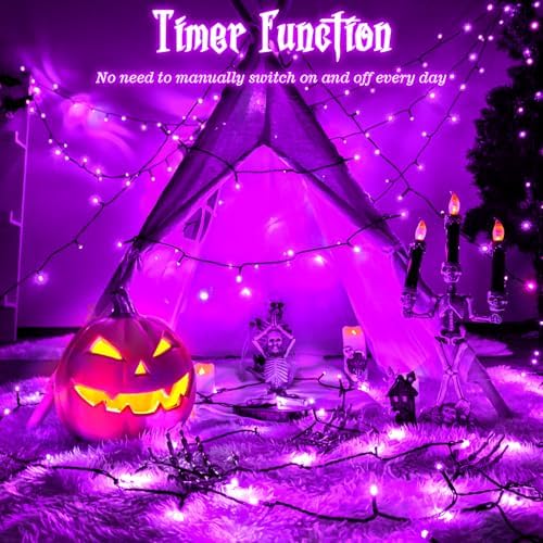 Purple Lights Halloween Lights String Total 100LED Battery Operated Outdoor 8 Modes with Timer 16.4Ft*2, 50LED*2 Waterproof Indoor for Halloween Decor, Purple, 2-Pack