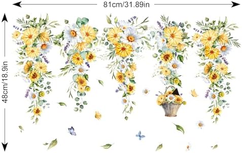 Whaline 9 Sheets Spring Summer Daisy Floral Window Cling Hanging Yellow White Flower Vine Glass Decals Sunflower Eucalyptus Reusable Window Decoration for Party Home Office Classroom
