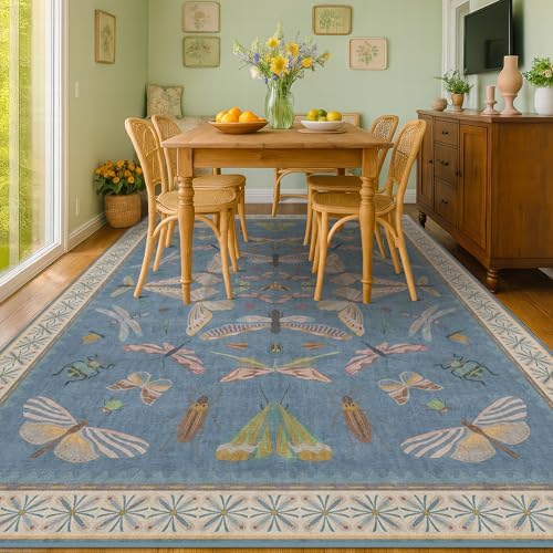 Hazo Haus 6x8 Blue Floral Area Rug for Living Room, Bedroom & Dining Room Table, Washable Non Slip Lightweight Foldable