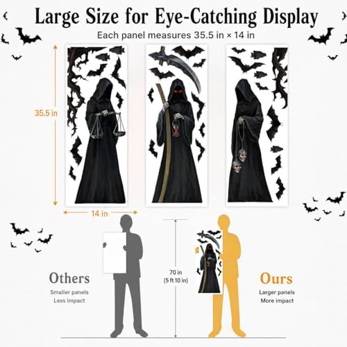 Halloween 3 PCS Large Window Cling Grim Reaper Bat Decals Stickers Decor