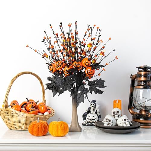 12 PCs Gothic Halloween Flowers Artificial Orange Black Stems Spooky Halloween Floral Picks with Candies Corn Smiling Pumpkins for Vase Floral Arrangements Table Centerpieces Decorations