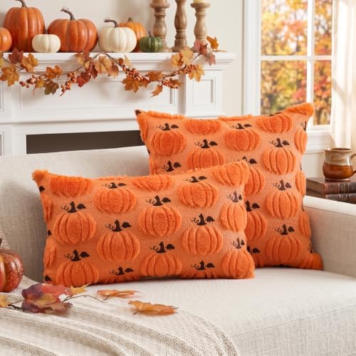 Artscope Fall Pumpkin Throw Pillow Covers 18x18 Set of 2, Autumn Soft Plush Faux Fur Decoration Cushion Covers for Thanksgiving Holiday Couch Sofa Bedroom Home Decor-Orange