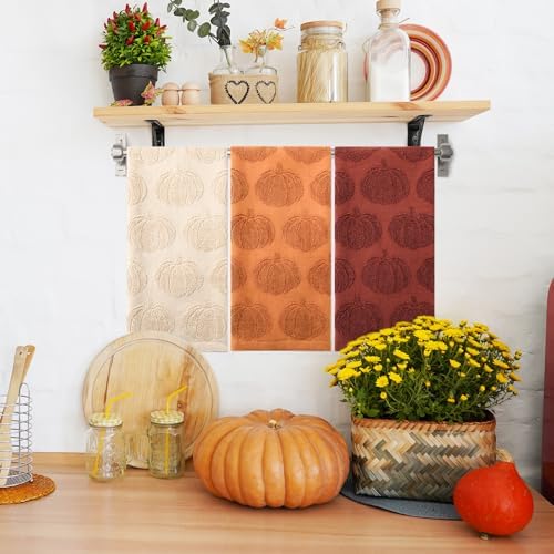 Whaline 3 Pcs Fall Hand Towel Beige Orange Brown 3D Pumpkin Jacquard Cotton Towel Absorbent Dish Towels for Autumn Harvest Thanksgiving Kitchen Bathroom, 13.8 x 29.5 Inch