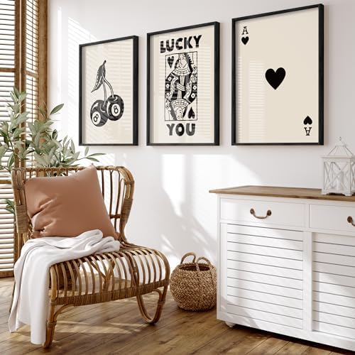 Heiple Framed Set of 3 Poker Wall Art Lucky You Poster, Trendy Retro Print Wall Decor for Queen of Hearts Wall Art
