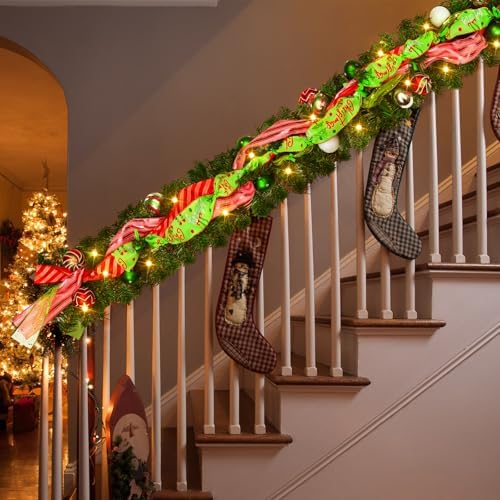 Thiccywoov 6 ft LED Prelit Christmas Pine Garland with Balls for Mantel