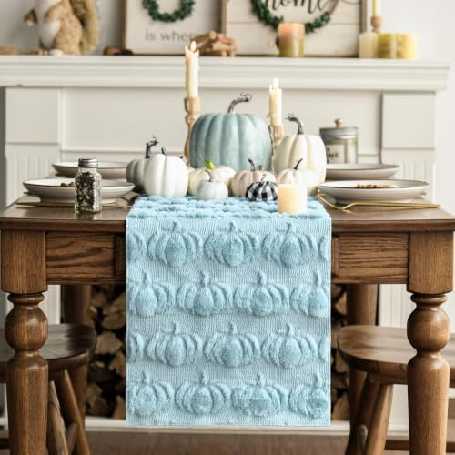 Artoid Mode Blue Soft Faux Fur Pumpkins Fall Table Runner 13x72 Inch