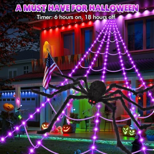 OCATO 200" Halloween Decorations Spider Web Lights Outdoor +59" Fake Spider