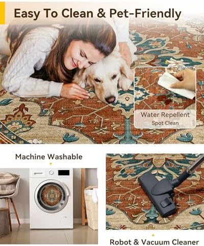 RELEANY Washable Area Rug, Round 6ft, Red/Orange/Blue/Brown