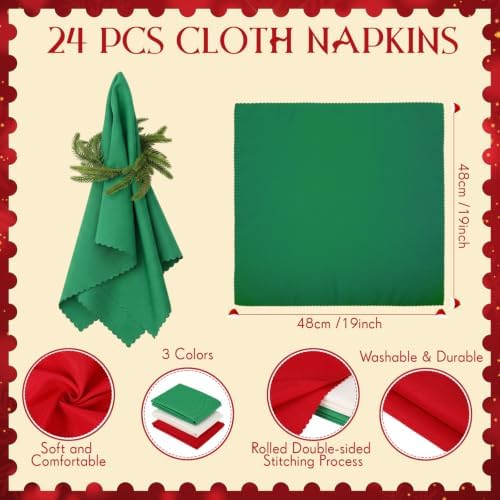LemonRoad 36 Pcs Cloth Napkins and Napkin Ring Holders, Reusable Fabric for Table Decor Banquet Holiday Dinner Party Supply(Red,Green,White,Norfolk Pine)