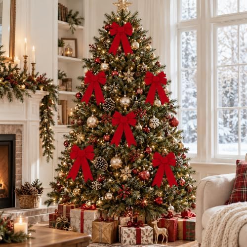 12 Pcs Golden Edged Red Velvet Tree Topper Bows, Large Christmas Wreath Bow