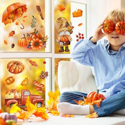 Whaline Fall Thanksgiving Window Clings Maple Leaves Pumpkin Umbrella Truck Gnome Window Decals Hello Autumn Double-Side Glass Decals for Home Party Decoration, 7.9 x 11.8 Inch, 9 Sheet