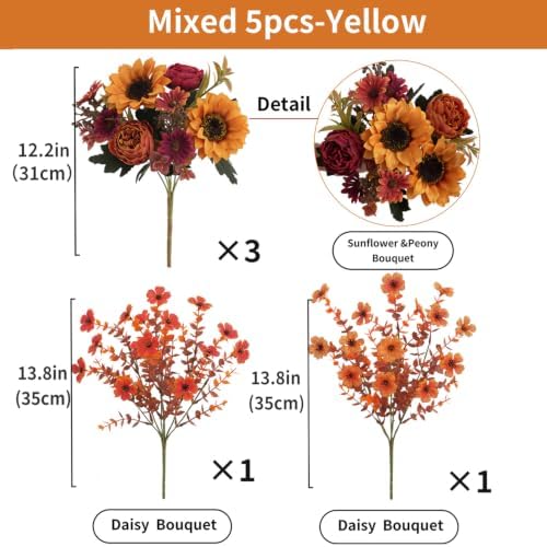 Mixed 5 Pcs Fall Artificial Sunflower Peony Bouquet, Yellow Burgundy Silk Faux Flower, Autumn Faux Floral Arrangements for Wedding Table Centerpiece DIY Thanksgiving Farmhouse Indoor Outdoor Decor