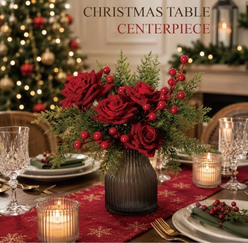 Christmas Centerpiece Kit, Artificial Flowers with Red Roses, Berries & Pine