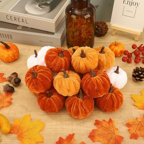 18 Pcs Fall Artificial Velvet Pumpkins Fake Fabric Pumpkin Faux Foam Pumpkins Orange Yellow White Artificial Pumpkin Decorations for Fall Harvest Thanksgiving Halloween Farmhouse Table Centerpiece