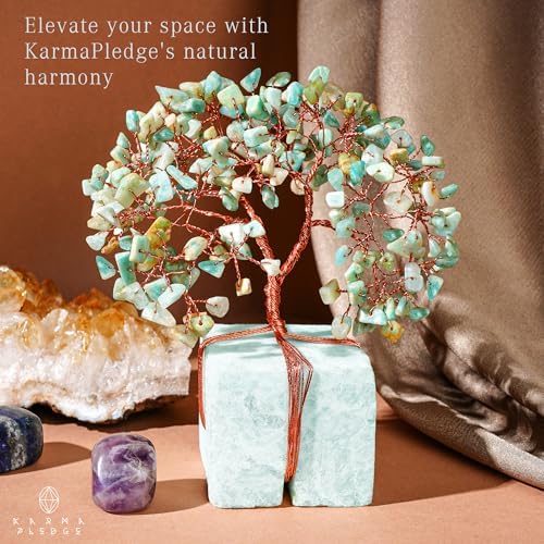 KARMAPLEDGE Chakra Tree of Life for Unique Gifts for Mom, Dad, Home and Office Decor, Handmade Amazonite Healing