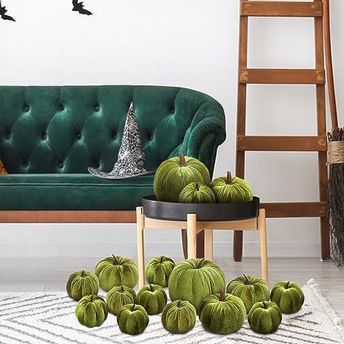 Woration 16pcs Green Velvet Faux Pumpkins for Wedding Party Table Decor