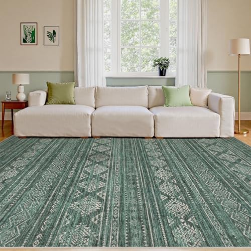 Nakagishi Area Rugs 9x12 Living Room: Washable Boho Large Neutral Modern Soft Farmhouse Green Rug Stain Resistant