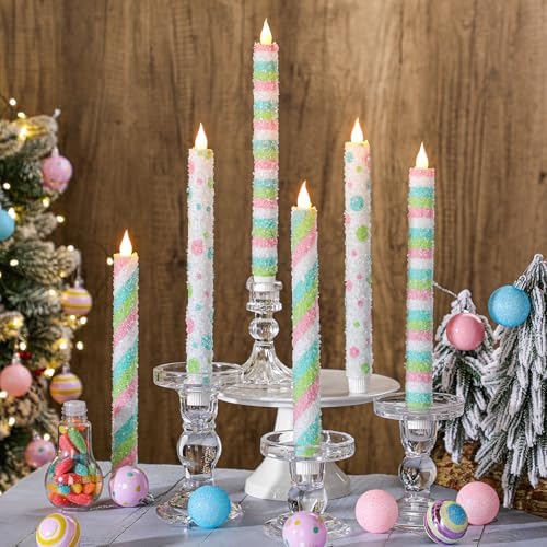 Baquler 6 Pcs Christmas Candyland Theme Flameless Taper Candles 10.6 Inch