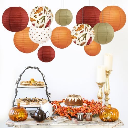 NICROLANDEE 12Pcs Burgundy Orange Maple Leaves Hanging Paper Lanterns