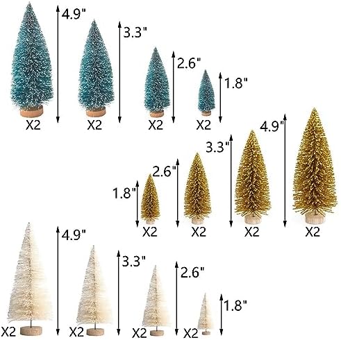 Yahpetes Christmas Trees 24 Pcs Artificial Miniature Pine Trees 4 Sizes Sisal Trees with Wood Base Bottle Brush Trees Tabletop Tree for Crafting Displaying Decoration (Blue-Green,White,Gold 24Pcs)