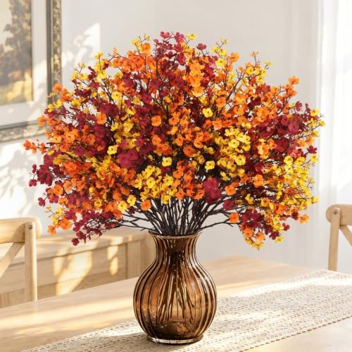 30PCS Fall Artificial Flowers Baby Breath, Burgundy & Orange Fall Flowers