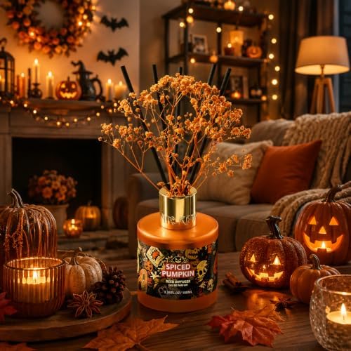 Airkeep Halloween Reed Diffuser Set,3.38 fl oz (100 ml) - Spiced Pumpkin Oil Diffusers with 8 Reed Sticks, Home