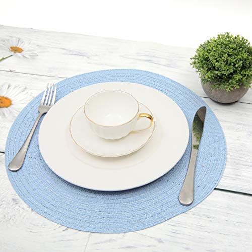 SHACOS Round Braided Placemats Set of 6 Round Table Mats for Dining Tables 15 inch (Light Blue, 6)