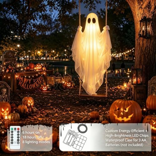 Halloween Decorations Outdoor – Hanging Swing Ghost 4-8FT, Remote Light Up