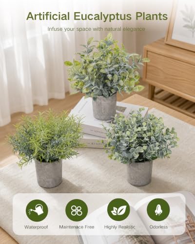 Velener Set of 3 Small Fake Plants Eucalyptus, Artificial Plants Indoor for Shelf, Potted Eucalyptus Plants for