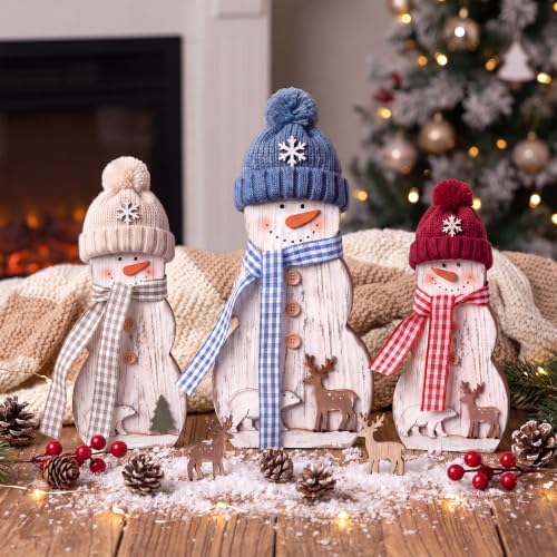 Suzile 3 Pcs Wooden Snowman Figurines, Christmas Tabletop Decor