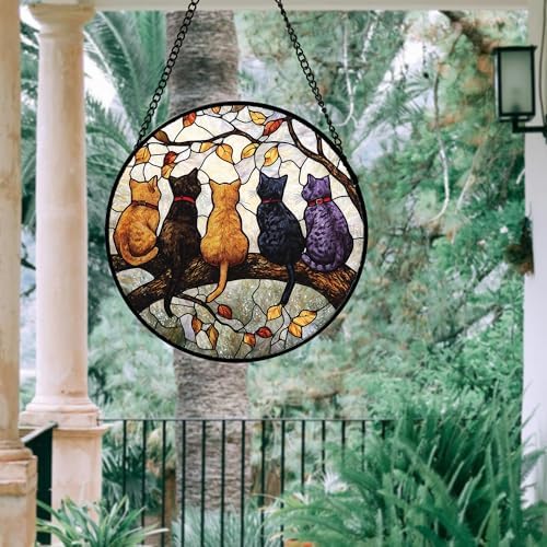5 Cats on a Branch Stained Glass Window Hanging Suncatcher Gifts 9.8"