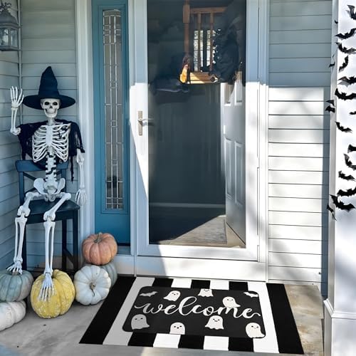 Halloween Door Mat Set, Ghost Welcome Rug with Black White Stripe Runner