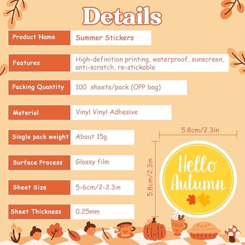 OHOME Fall Stickers | 100 PCS Thanksgiving Stickers for Kids - Vinyl Thanksgiving Games Toys Gifts Activities Essentials Party Favors Supplies - Friendsgiving Crafts Bulk for Classroom Home