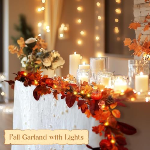 SHareconn 2 Packs 6ft Fall Garland with Lights and Timer for Mantle