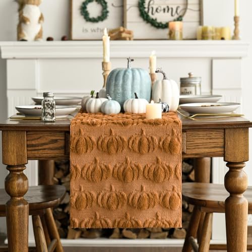 Artoid Mode Caramel Soft Faux Fur Pumpkins Fall Table Runner 13x90 Inch