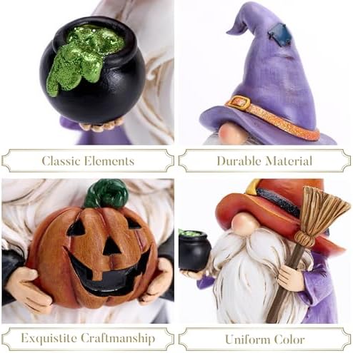 Valery Madelyn Gnomes Halloween Decorations Indoor, 2 Pcs Resin Gnome Decor for Home with Witch Hat Broom Jack O Lantern Moon, Halloween Figurines Elf Dwarf for Table Tiered Tray Outdoor, 3.6"