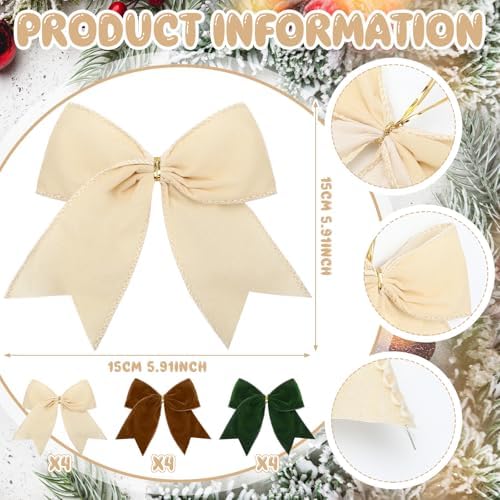 Janinka 12 Pcs Christmas Velvet Bows Milky White Brown Green 6 Inch