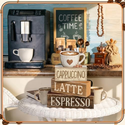 Lineshading 4 Pcs Farmhouse Coffee Bar Signs, Wooden Coffee Stacked Blocks