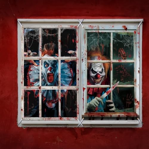 Newwiee 2 Pcs Scary Halloween Curtain Window Silhouette Cover, Clown