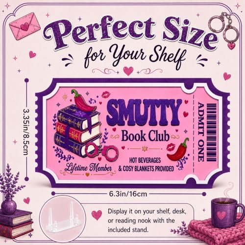 Smutty Book Club Shelf Decor - Lifetime Member Ticket Sign, Spicy Romance Bookish Decor for Book Nook, Smut Reader Gifts for Women Book Lovers