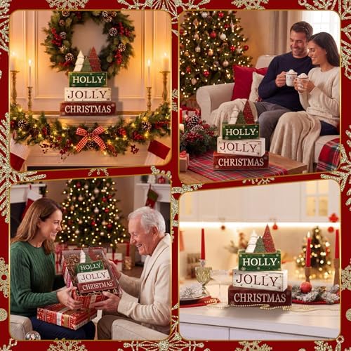 Moucuny 4 Pcs Christmas Centerpiece Wood Block Signs Holly Trees