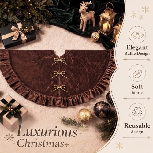 Velvet Christmas Tree Skirt, 60 Inches, Bow Style, Brown