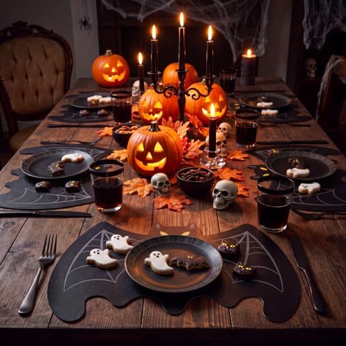 Remerry Set of 6 Halloween Bat Placemats Leather,Large Bat,Black