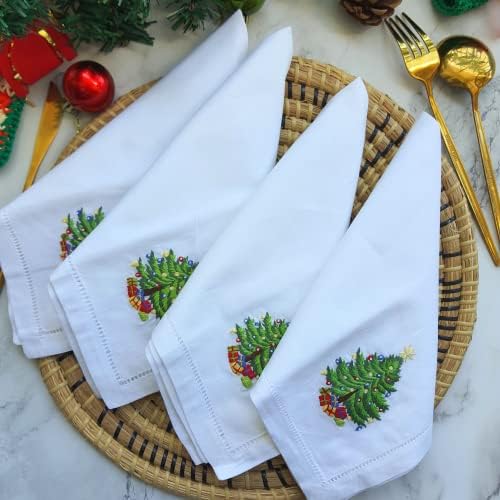 HCRAFT Embroidered Cotton Table Napkin, Cloth Napkins Set of 4 18"x18" Christmas Tree Napkin Square Fabric, Dining Room, Napkins Cloth Machine Washable, Christmas Napkins, Great Present Ideas